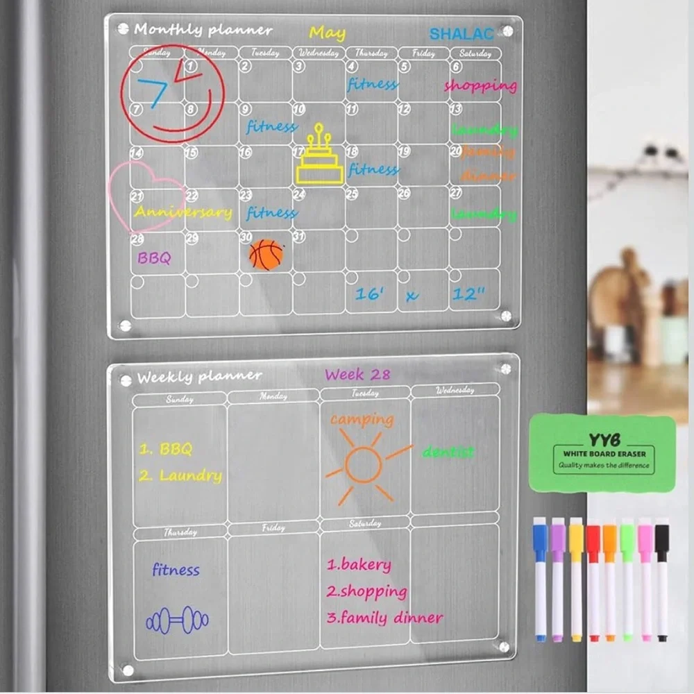 (New) Acrylic Magnetic Calendar for Fridge. Strong Magnets, reusable.